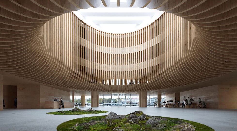 Solo Sokos Hotel Pier4 havainnekuva. Anttinen Oiva Arkkitehdit Oy:n suunnittelemasta rakennuksesta tulee suomalaisen puuarkkitehtuurin lippulaiva, ja nähtävyys jo itsessään. 