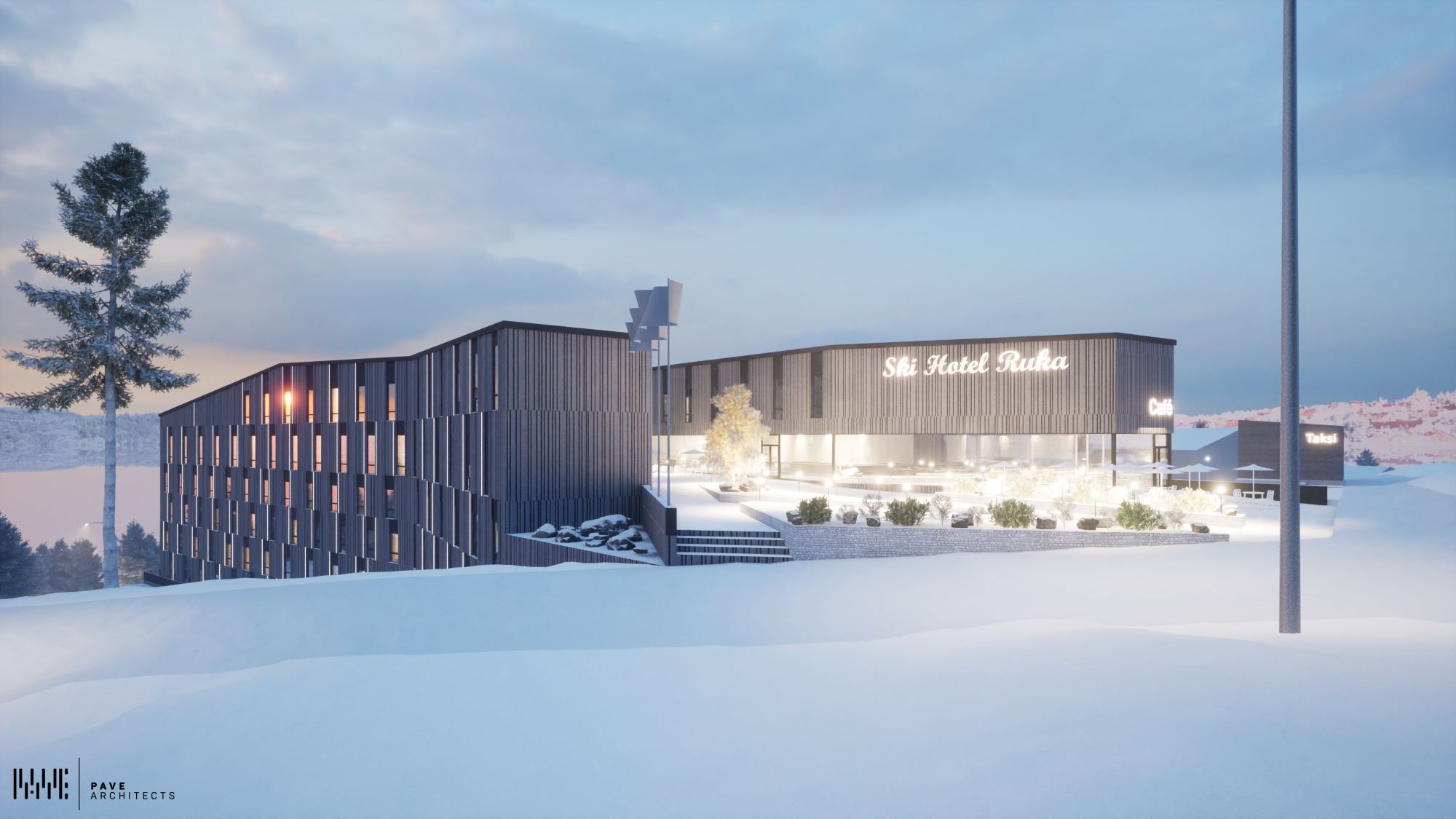Rukalle suunnitellun Sokos Hotellin havainnekuva talvipäivänä. Havainnekuva: PAVE Arkkitehdit